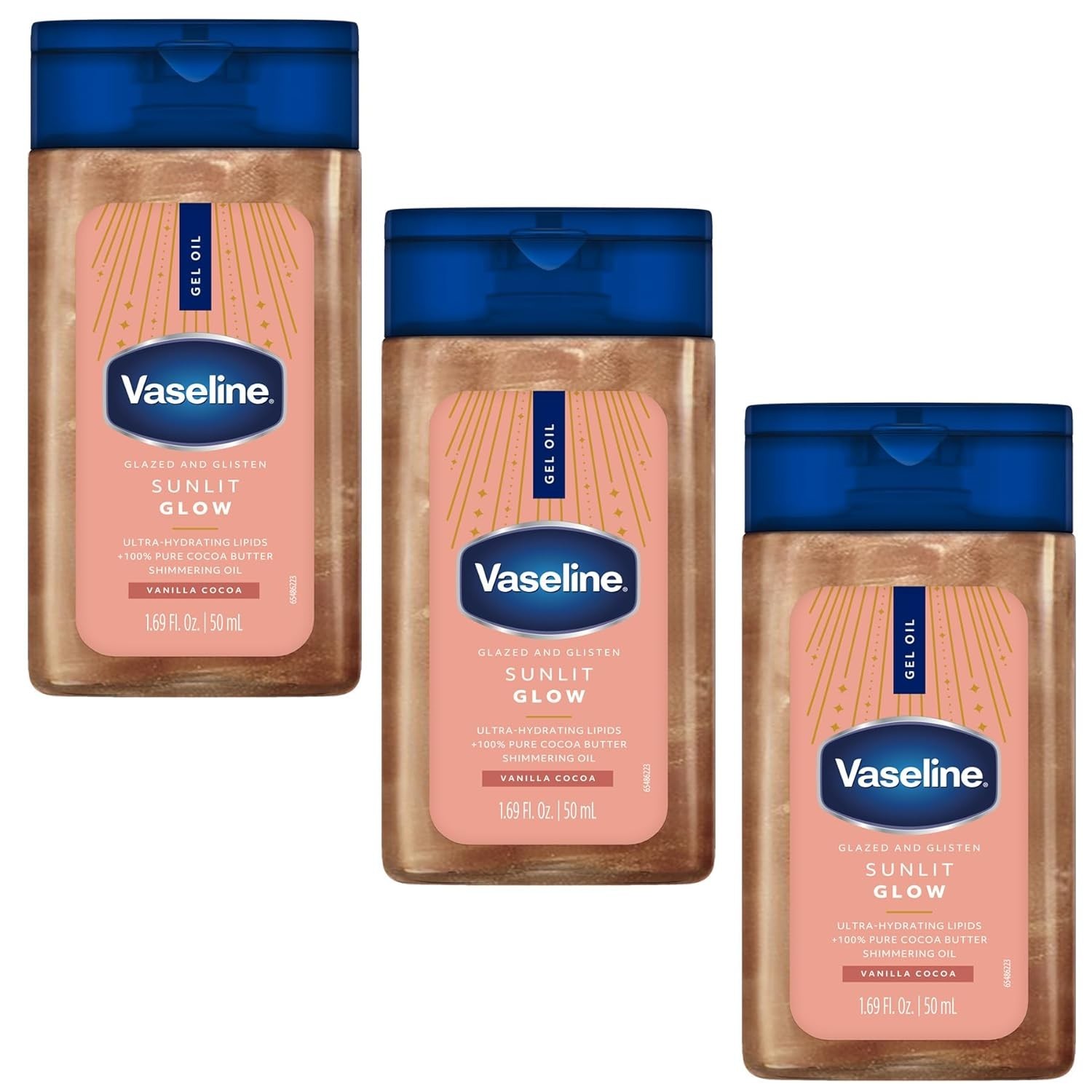 Vaseline Glazed and Glisten Sunlit Glow Body Gel Oil, Cocoa Butter – 3 Pack