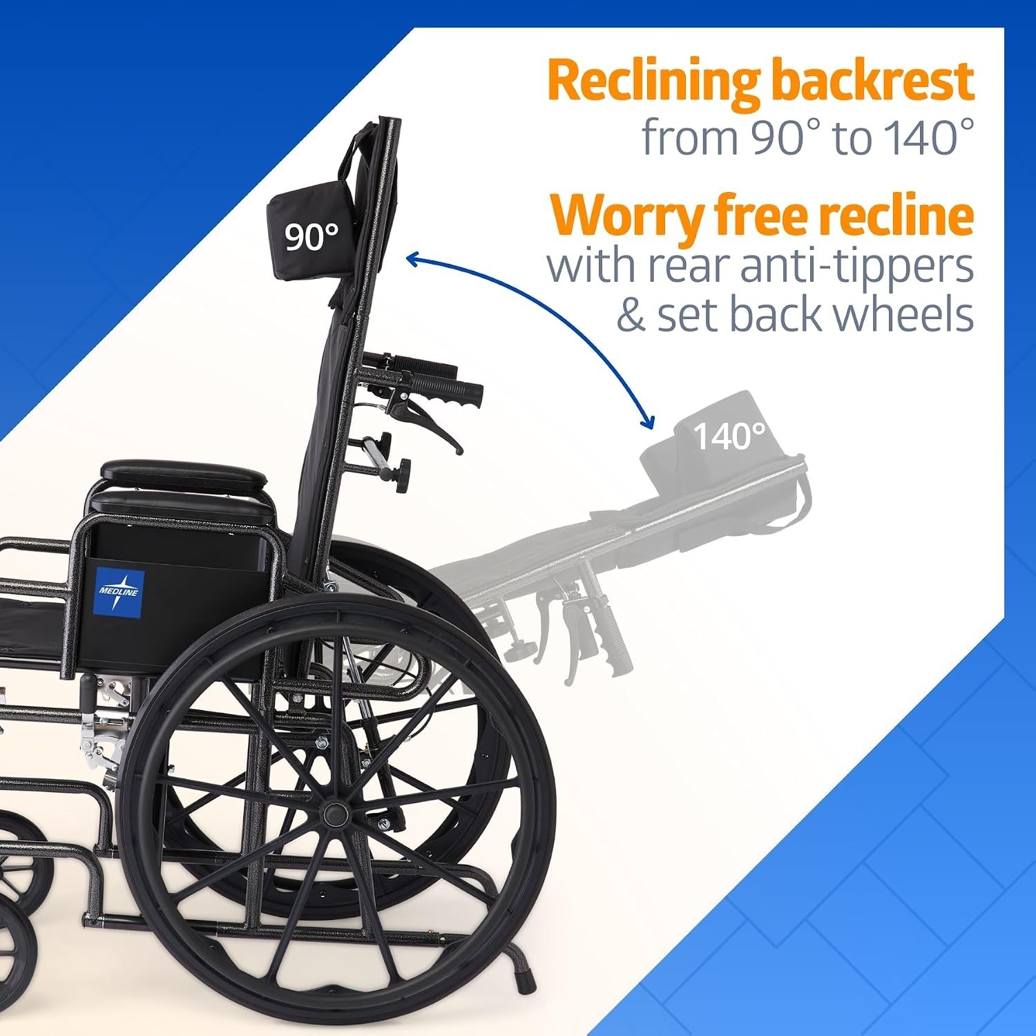 Medline Reclining Wheelchair, 18″, with Elevating Leg Rests, 300 Lbs. Limit.