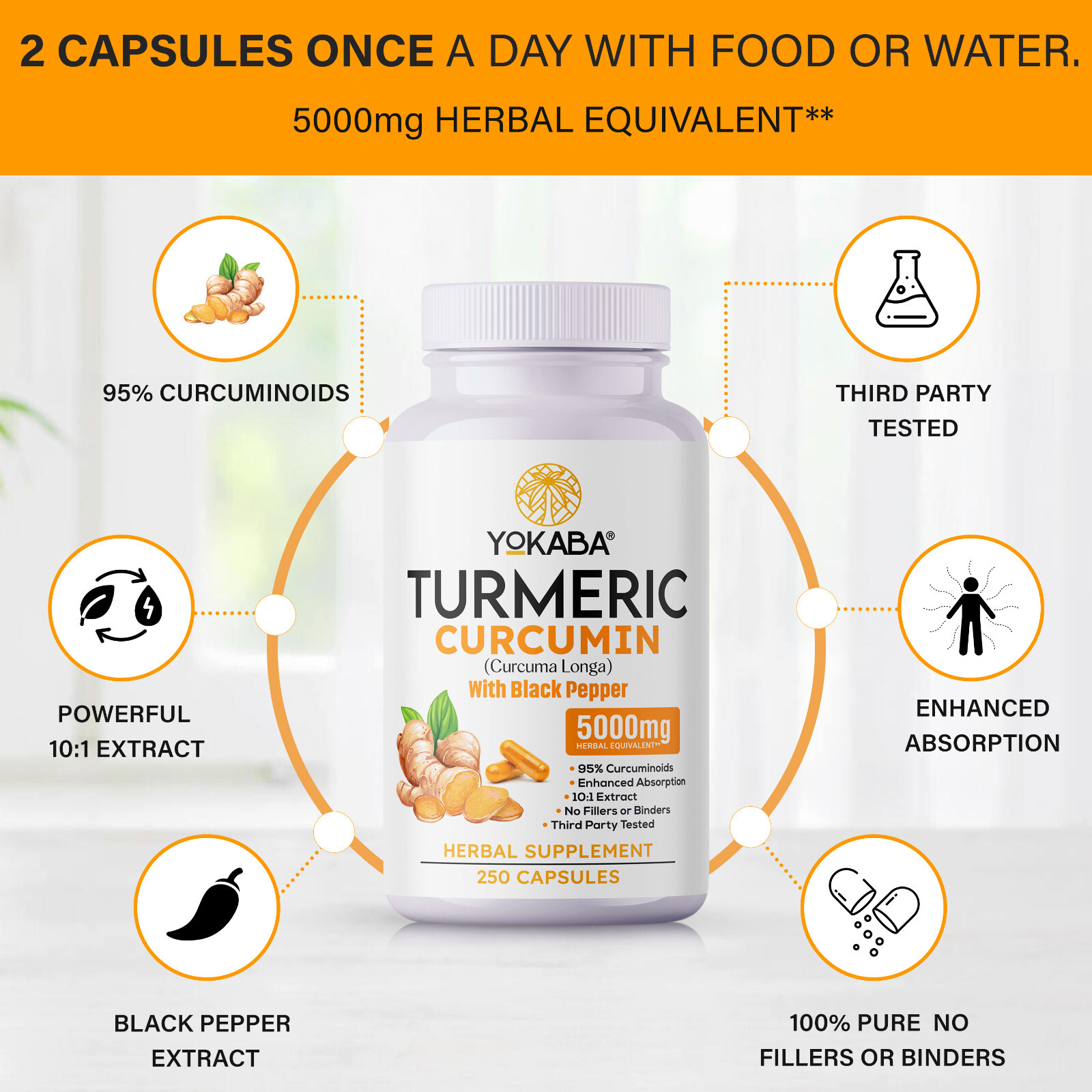500 Capsules Turmeric Curcumin 5000mg Herbal Extract with BioPerine by YOKABA