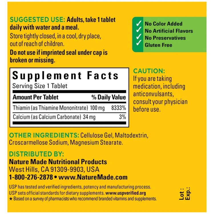 Nature Made Vitamin B1, 100mg Dietary Supplement – 100 Tablets – EXP. 04/2026