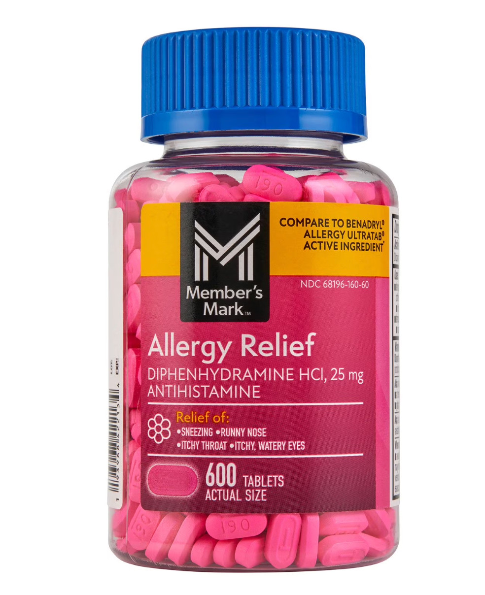 Member’s Mark Allergy Medication 600 Tabs 25mg ~ Compare 2 Benadryl Made In USA