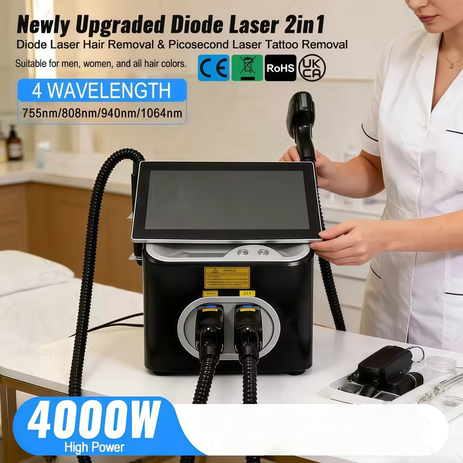 2 in 1 755/808/940/1064nm Diode Laser Hair Removal Pico Tattoo Removal Machine