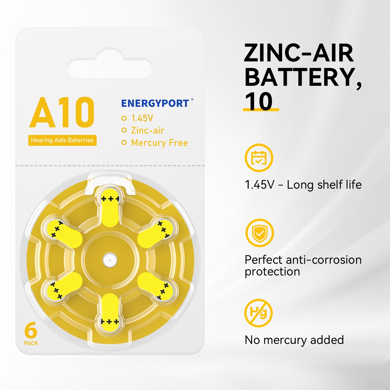 Lot ENERGYPORT 10 Size Hearing Aid Batteries A10 Zinc Air Mercury Free Battery