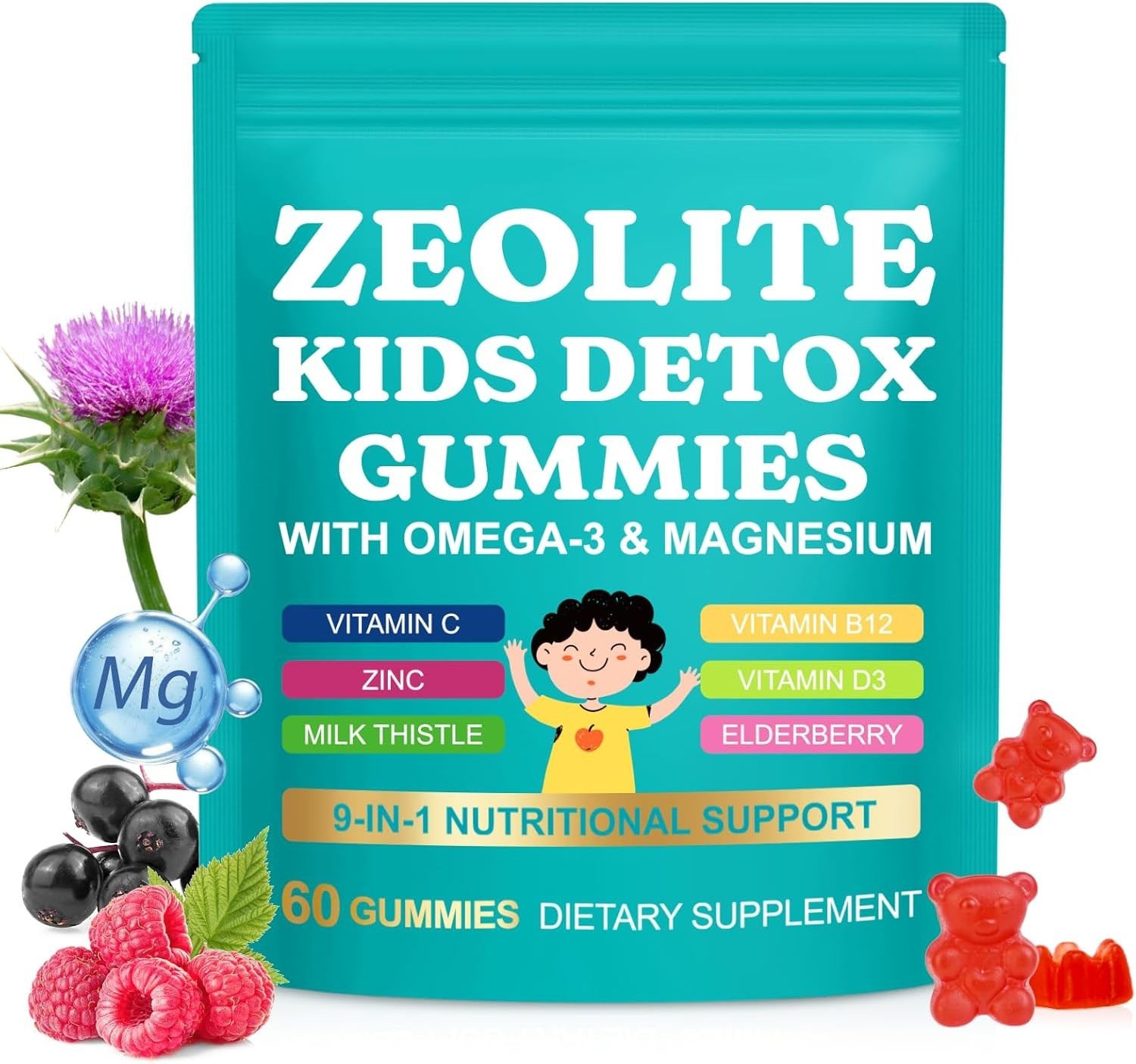 Zeolite Kids Gummies, 9-in-1 with Zeolite, Omega-3, Magnesium, Elderberry, Vitam