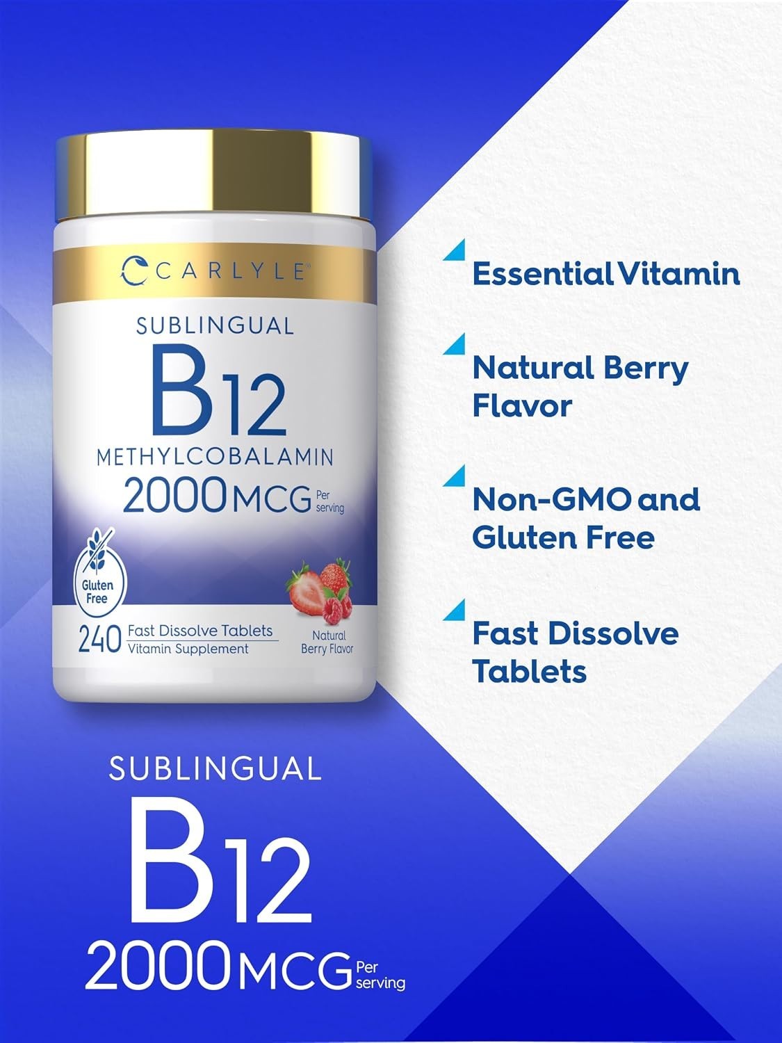 Sublingual B12 Methylcobalamin 2000mcg 240 Fast Dissolve Energy Brain Berry Vega