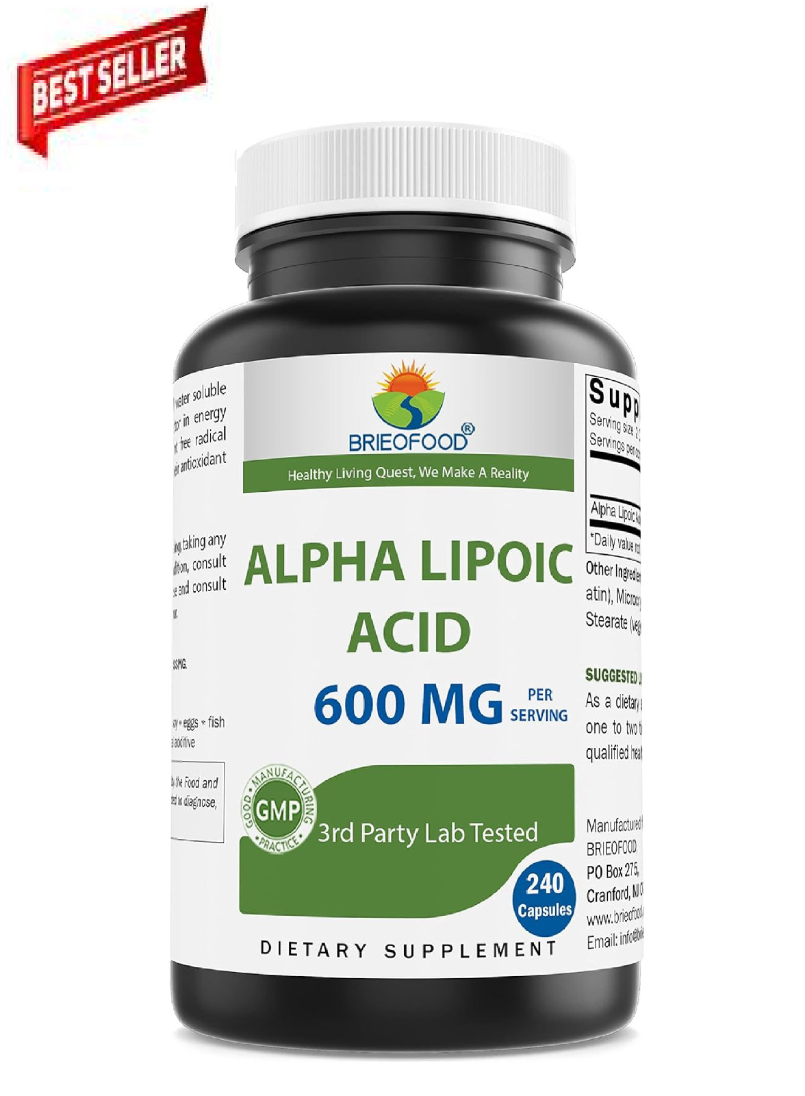 Brieofood Alpha Lipoic Acid 600mg per Serving – 240 Capsules – Non-GMO, Gluten F