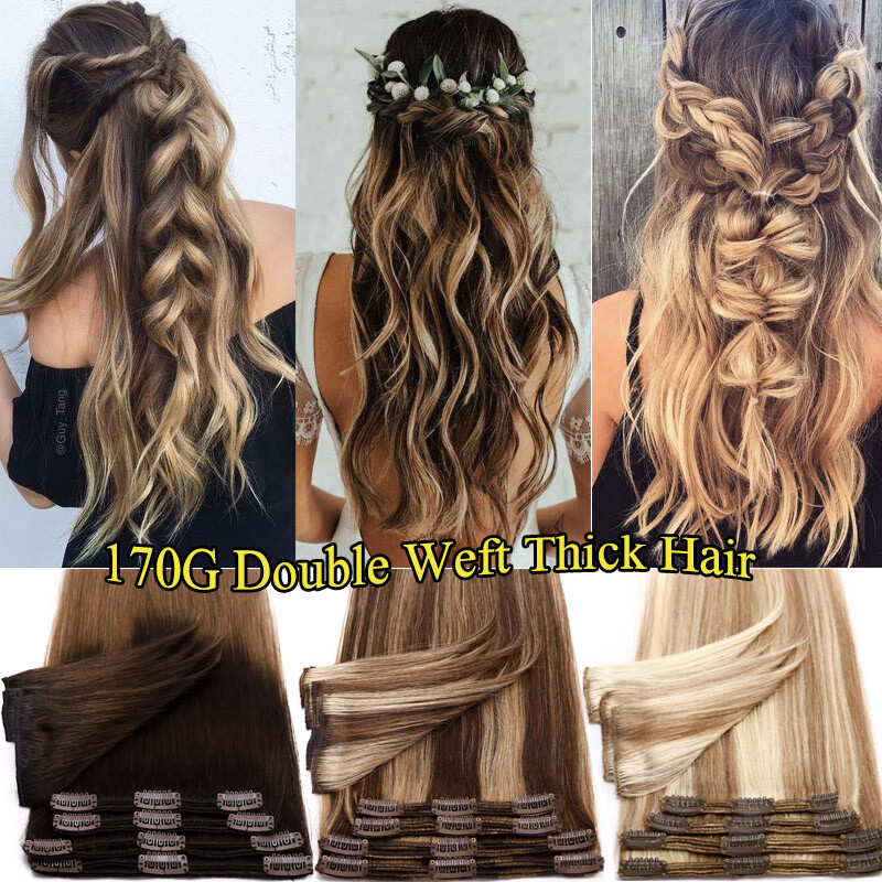200G Extra Thick Double Weft Clip In Remy Human Hair Extensions Full Head Blonde