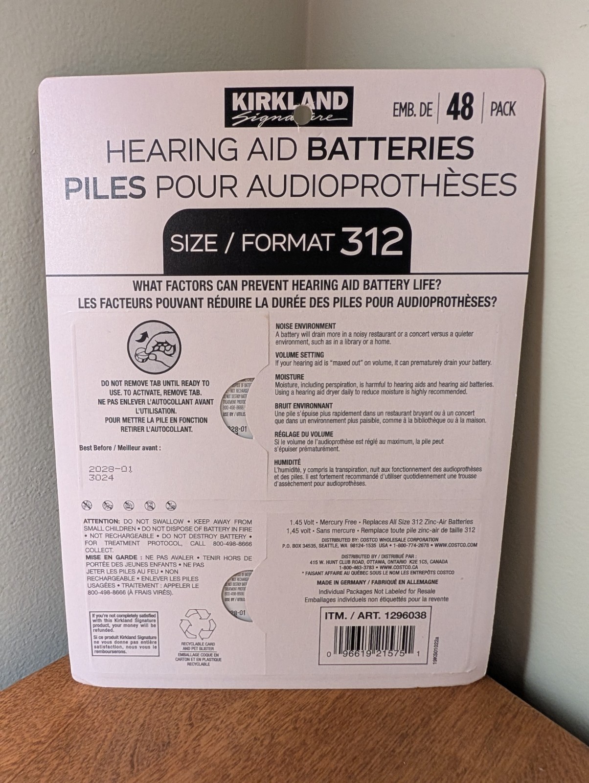 Kirkland Hearing Aid Batteries 312 NEW 48-Pack Made in Germany Exp 2028-01