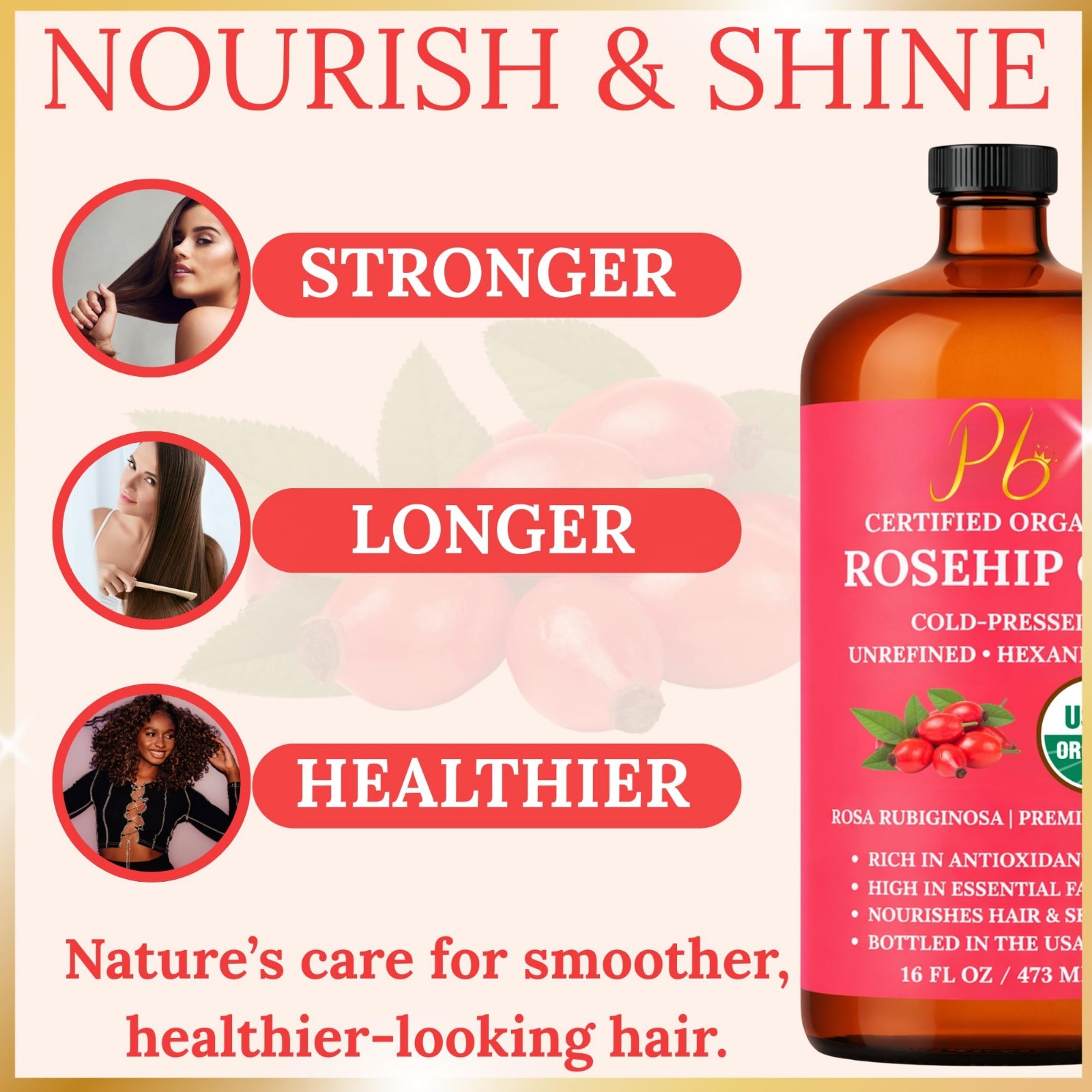 Organic Rosehip Oil 100% Pure Cold-Pressed Unrefined for Face Skin Hair 16 fl oz