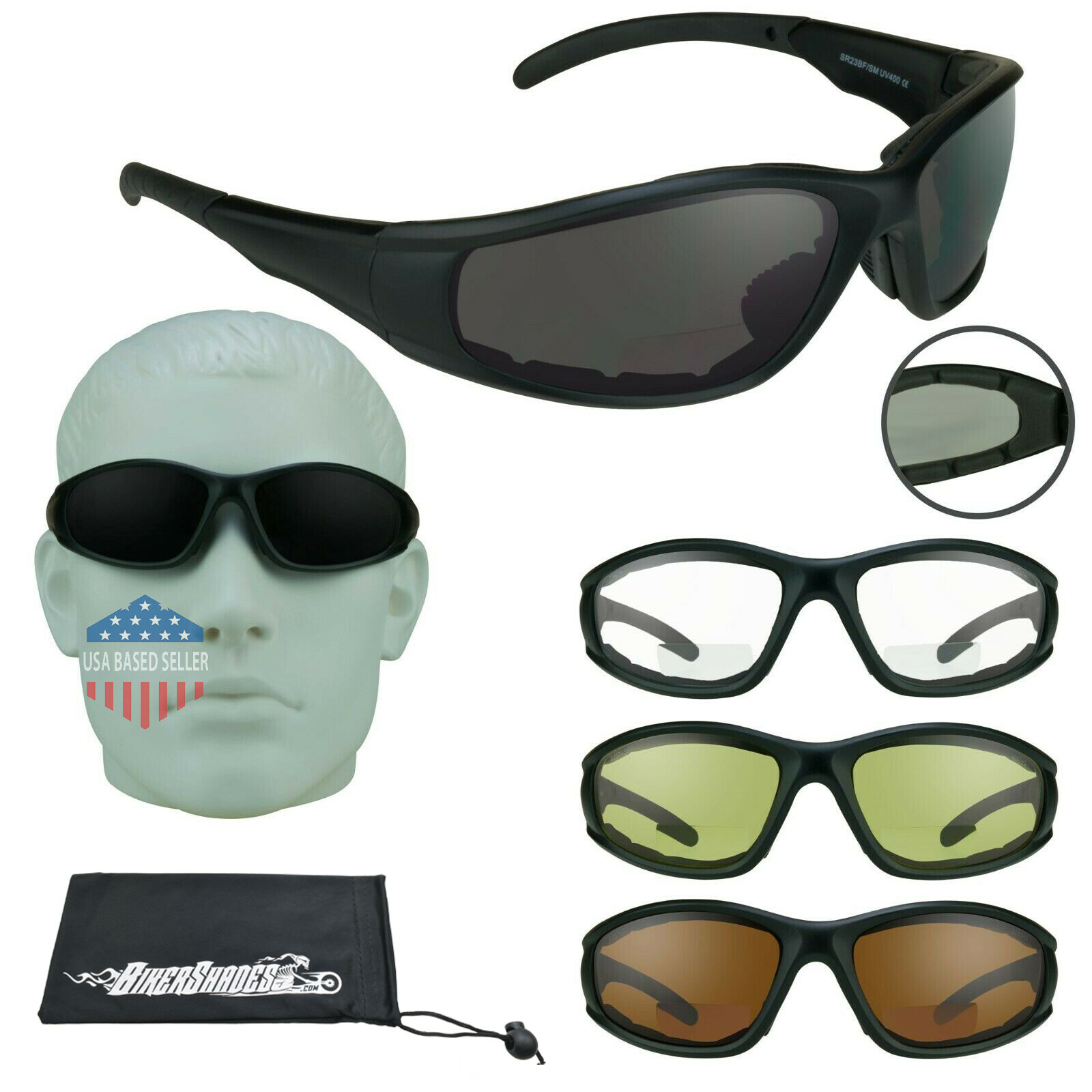 Motorcycle Bifocal Safety Reader Sunglass Large Men Foam Padded Z87+ Wide Fit