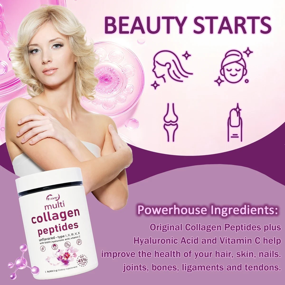1LB Multi Collagen Peptides Powder–Hydrolyzed Protein with Type I, II, III, V, X