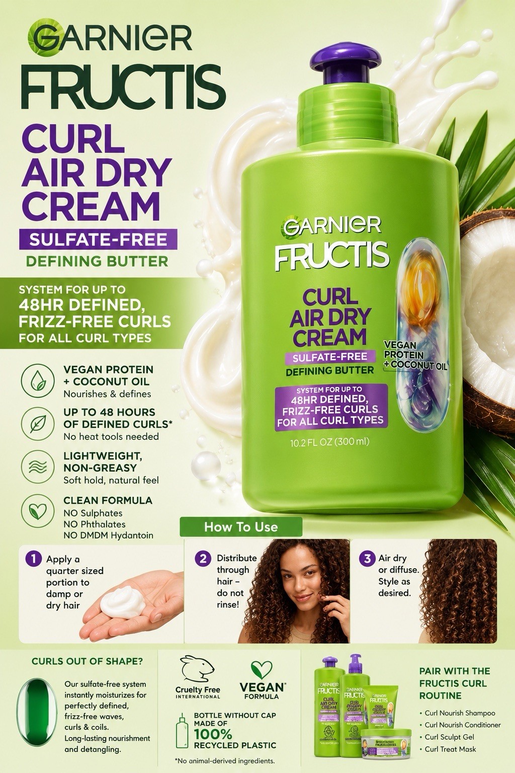 Garnier Fructis Curl Air Dry Curl Cream Anti-Frizz Coconut Oil 10.2 fl oz