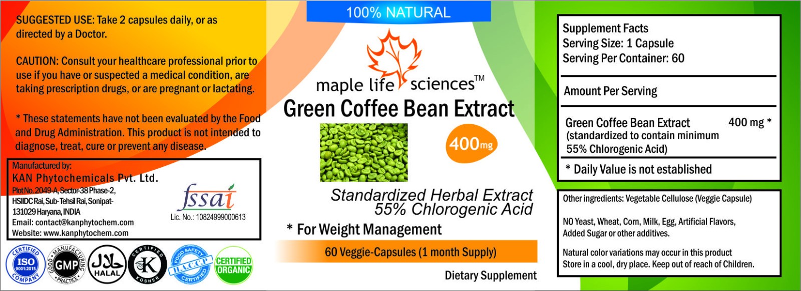 Green Coffee Bean Extract Capsules Pure high quality CGA 55% Chlorogenic Acid