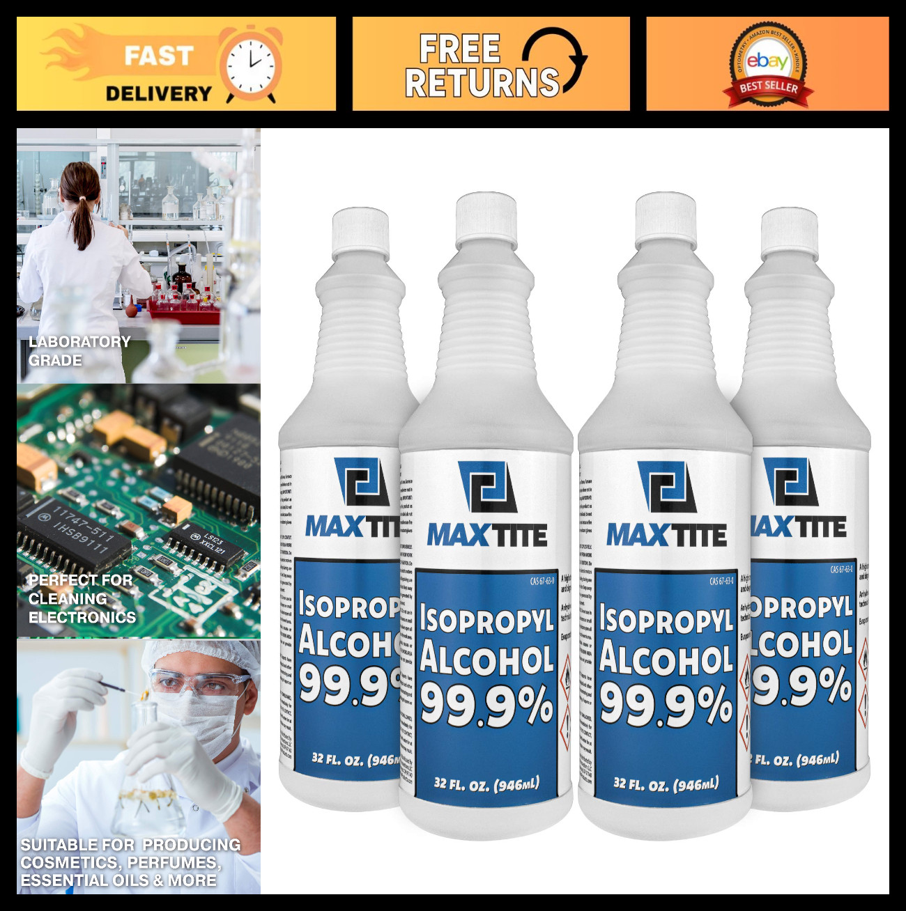 99.9% Isopropyl Alcohol – 1 Gallon (32oz, 4 Pack) – High Purity Cleaning Solutio