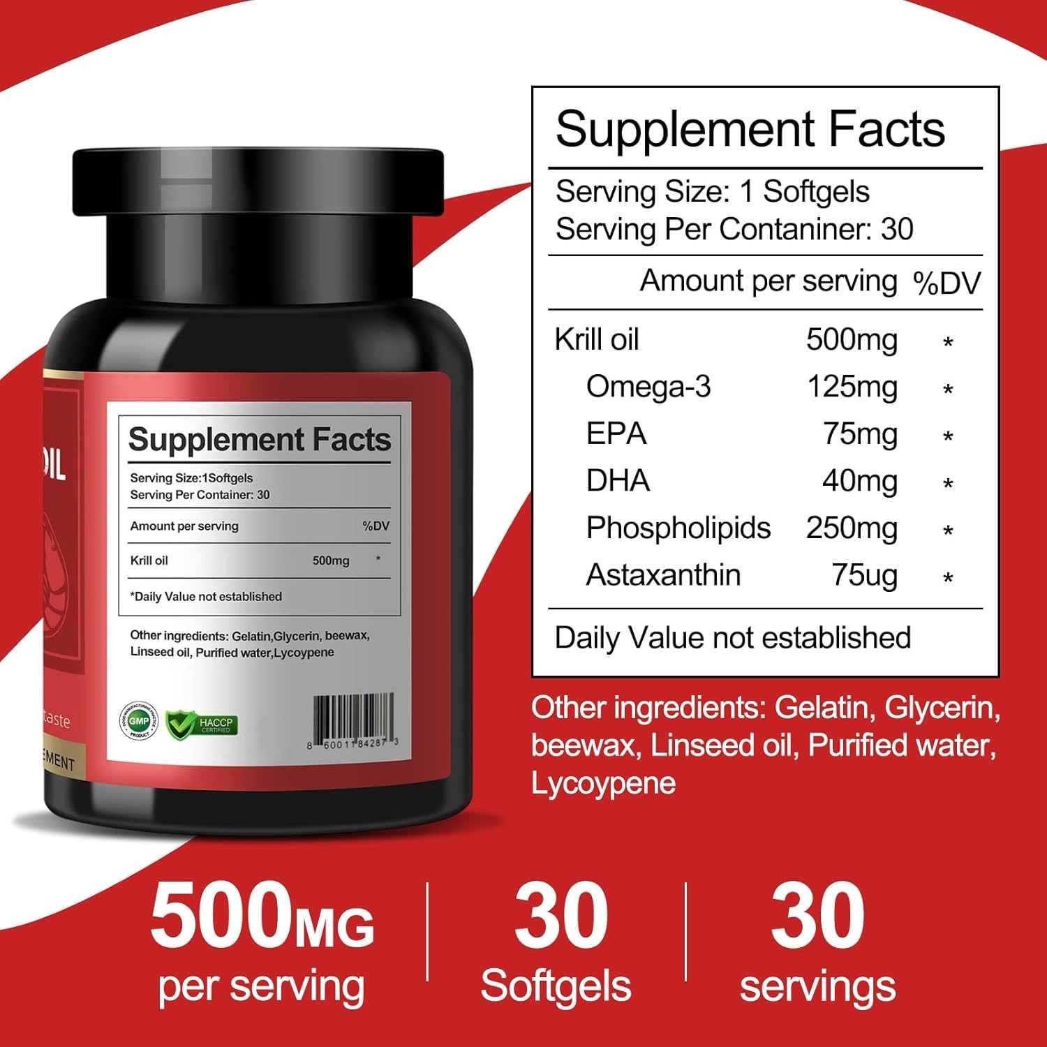Omega 3 Krill Oil – 500 mg, Non-GMO, Gluten-Free, 60 Softgel Capsules