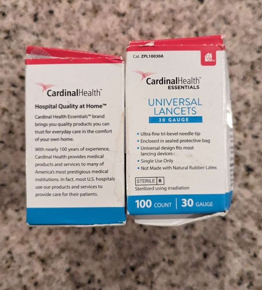 2 boxes of 100 Cardinal Health 30g Lancets exp 08-11-2024