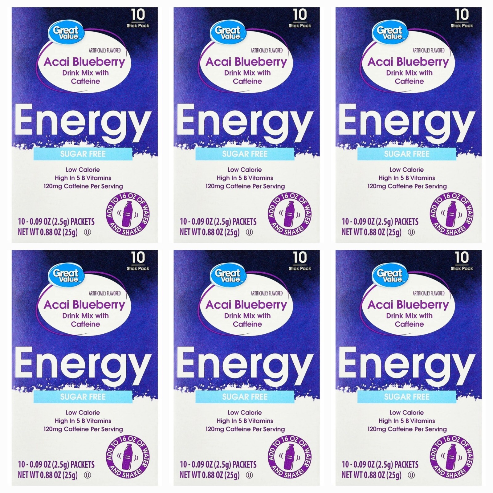6 Pack – Great Value Acai Blueberry Energy Drink Mix With Caffeine 60 Packets
