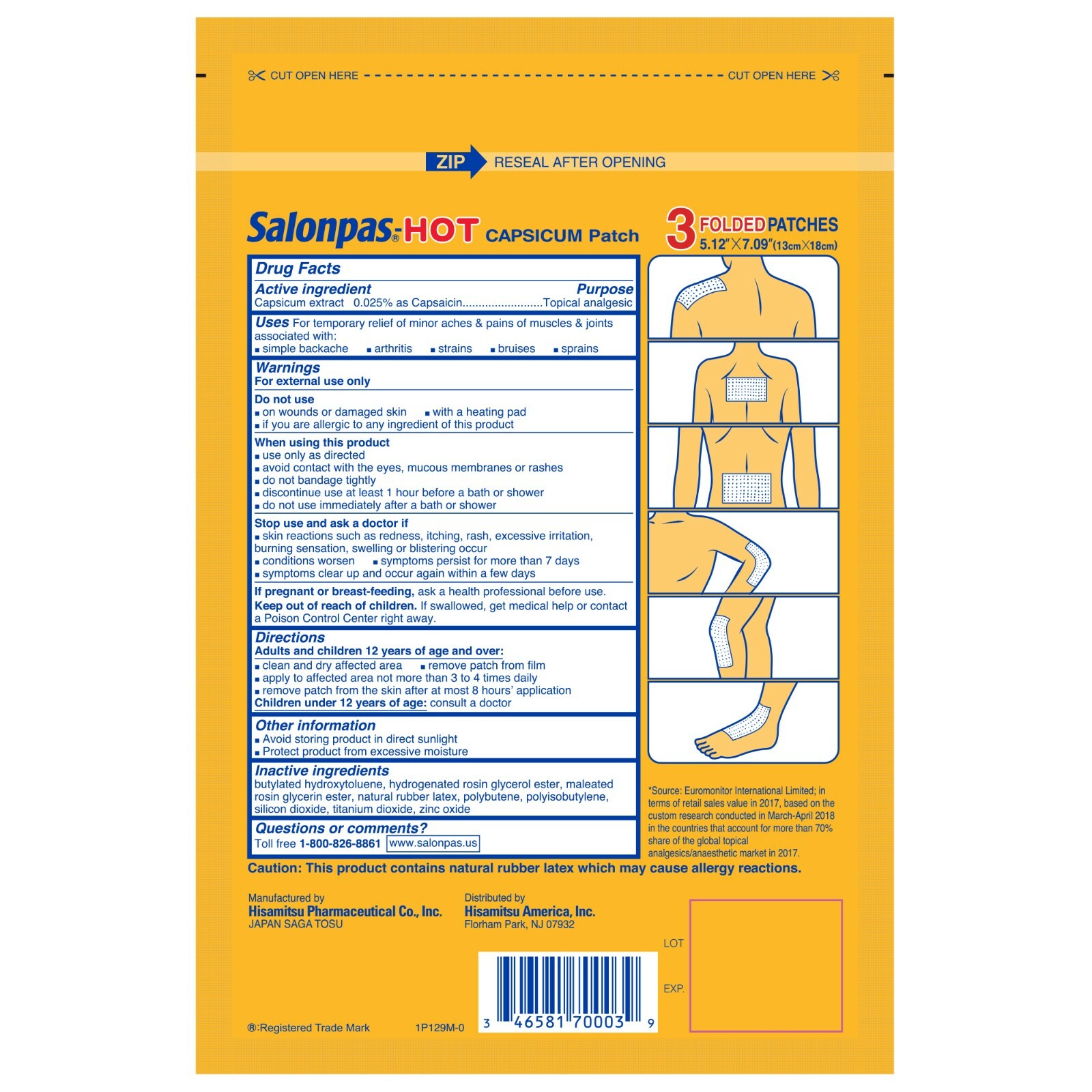 Salonpas Hot Capsicum Patch: Aches Arthritis Sprains 3 Ct (THREE PACK) Exp 10/26