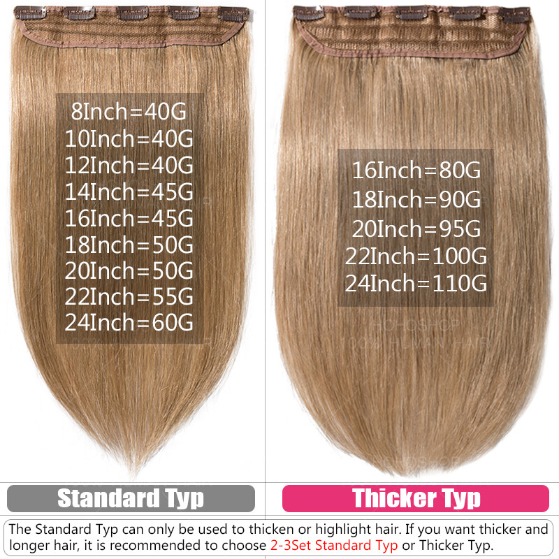 Clip In 100% Real Human Hair Extensions Half Full Head Hightlight 120g One Piece