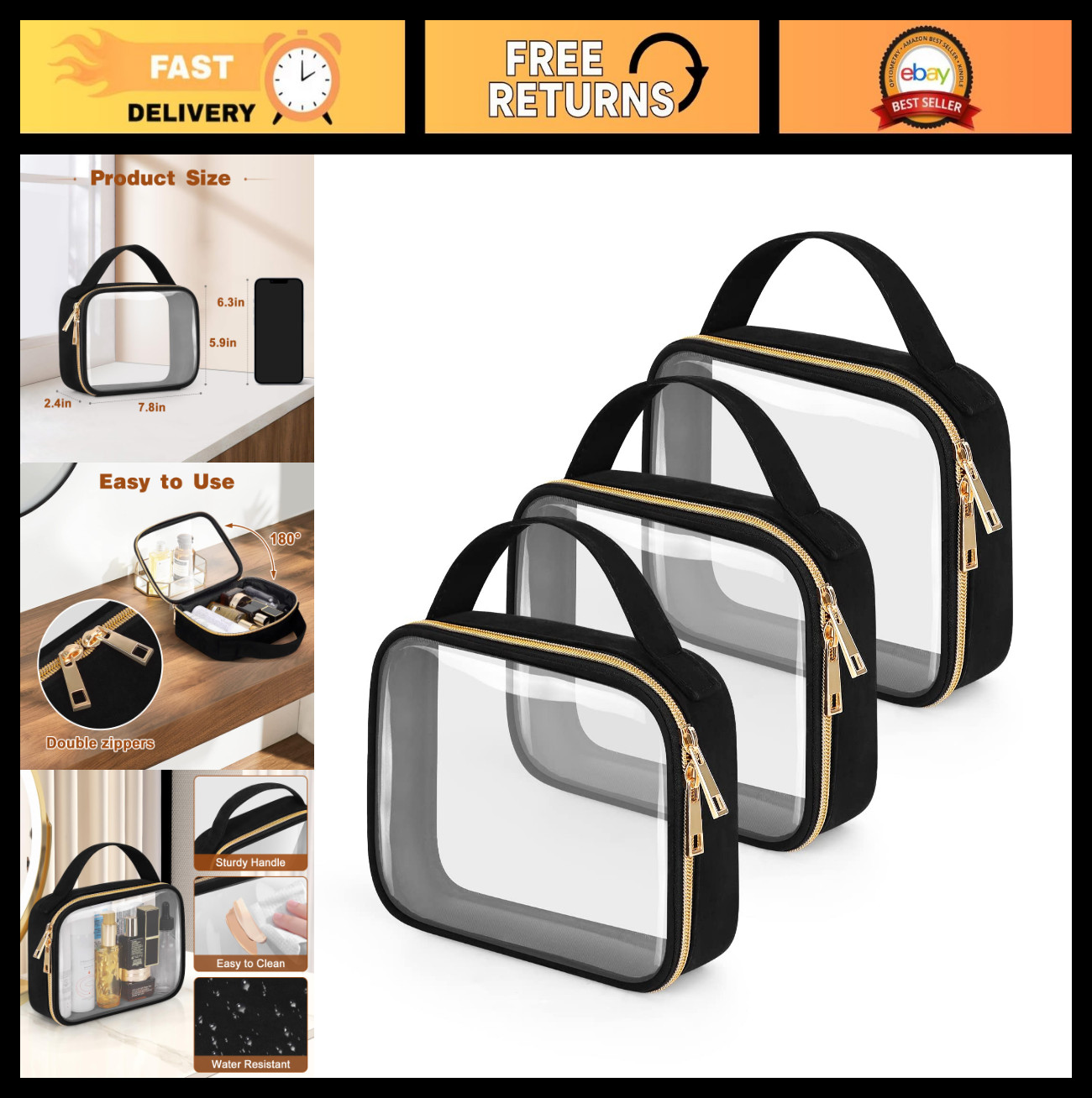 TSA Approved Clear Toiletry Bags – 3 Pack Quart Size Makeup Bags with Handles, T