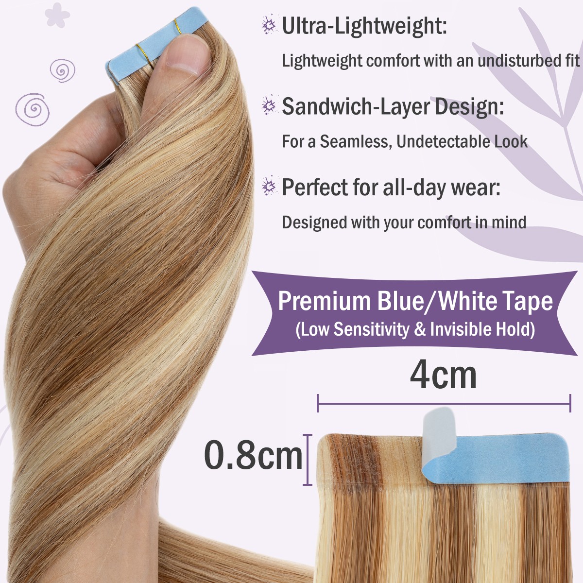 Tape in Highlight 60 Pieces Thick Skin Weft Russian Remy Human Hair Extensions