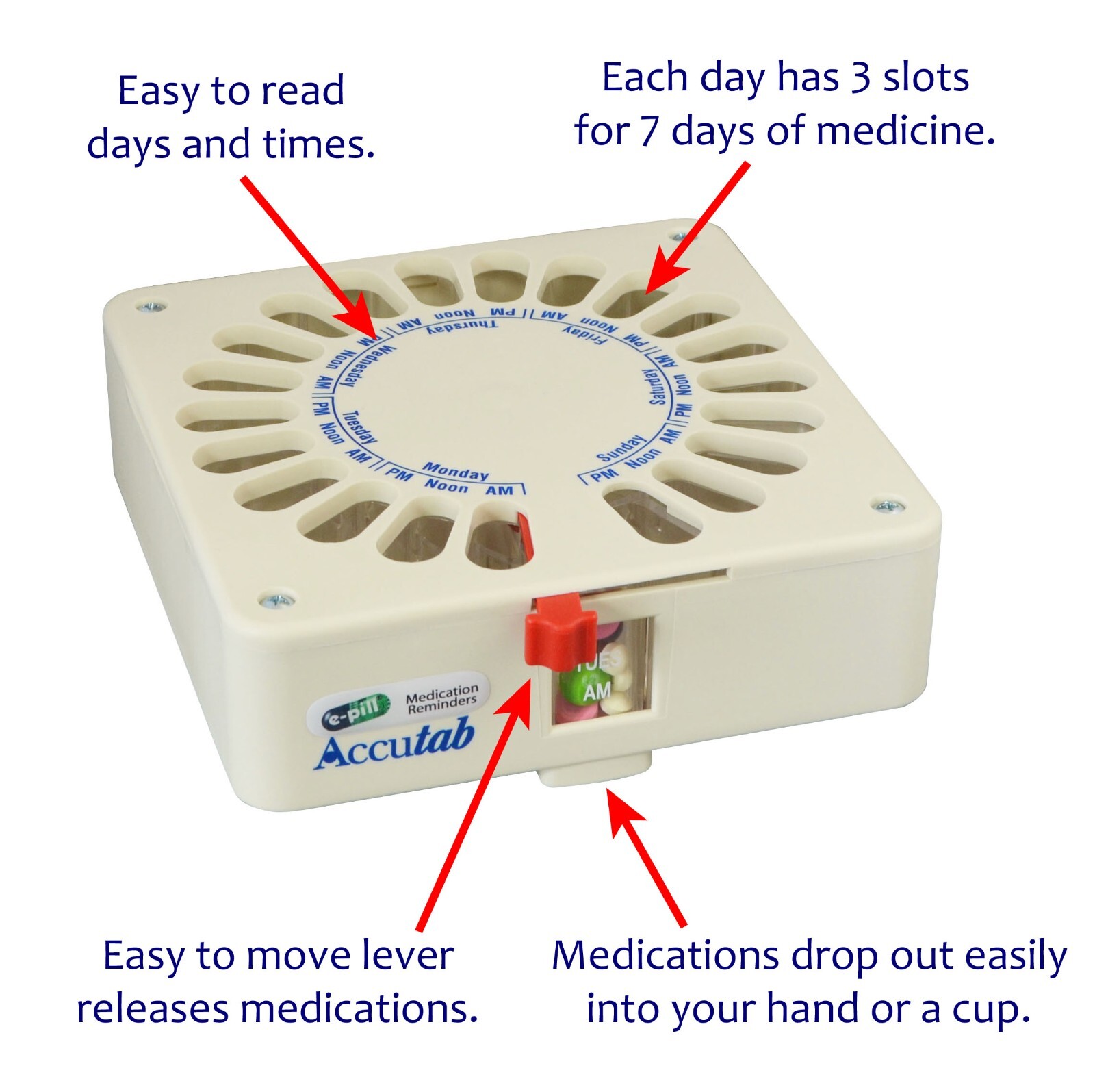 e-pill Accutab Pill Dispenser – Up to 3 Times Per Day – Large Capacity