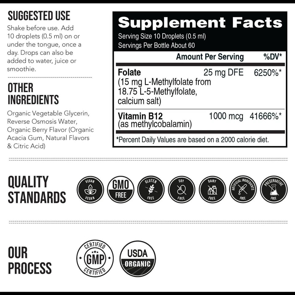 3 Pack Triquetra 5-MTHF 15mg L-Methylfolate + B12 Brain & Mood Support Drops