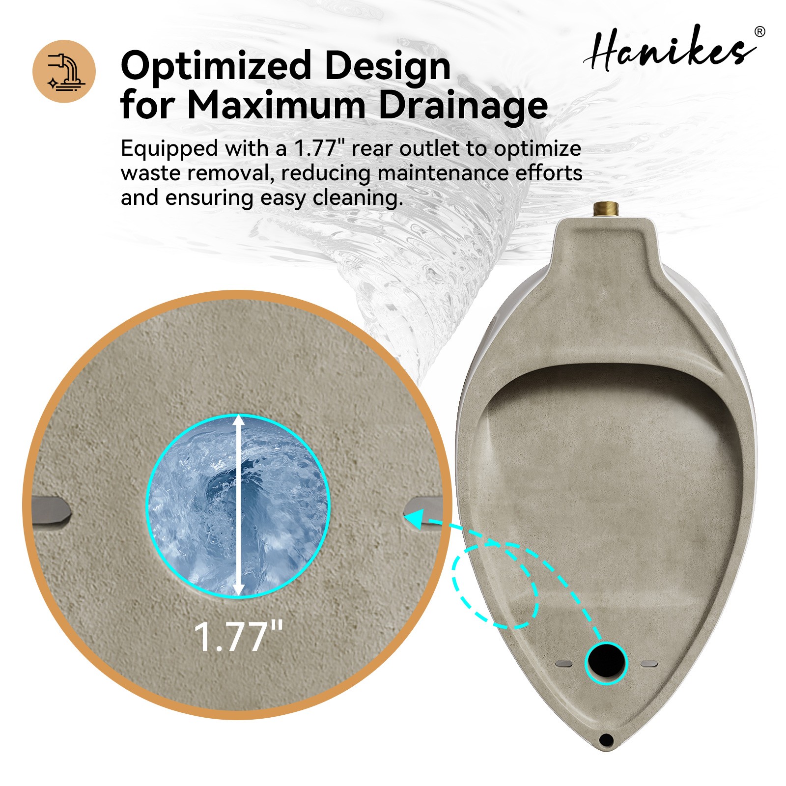 Hanikes UR-480 Round High-Efficiency Urinal, 0.125 GPF, Top Spud, White