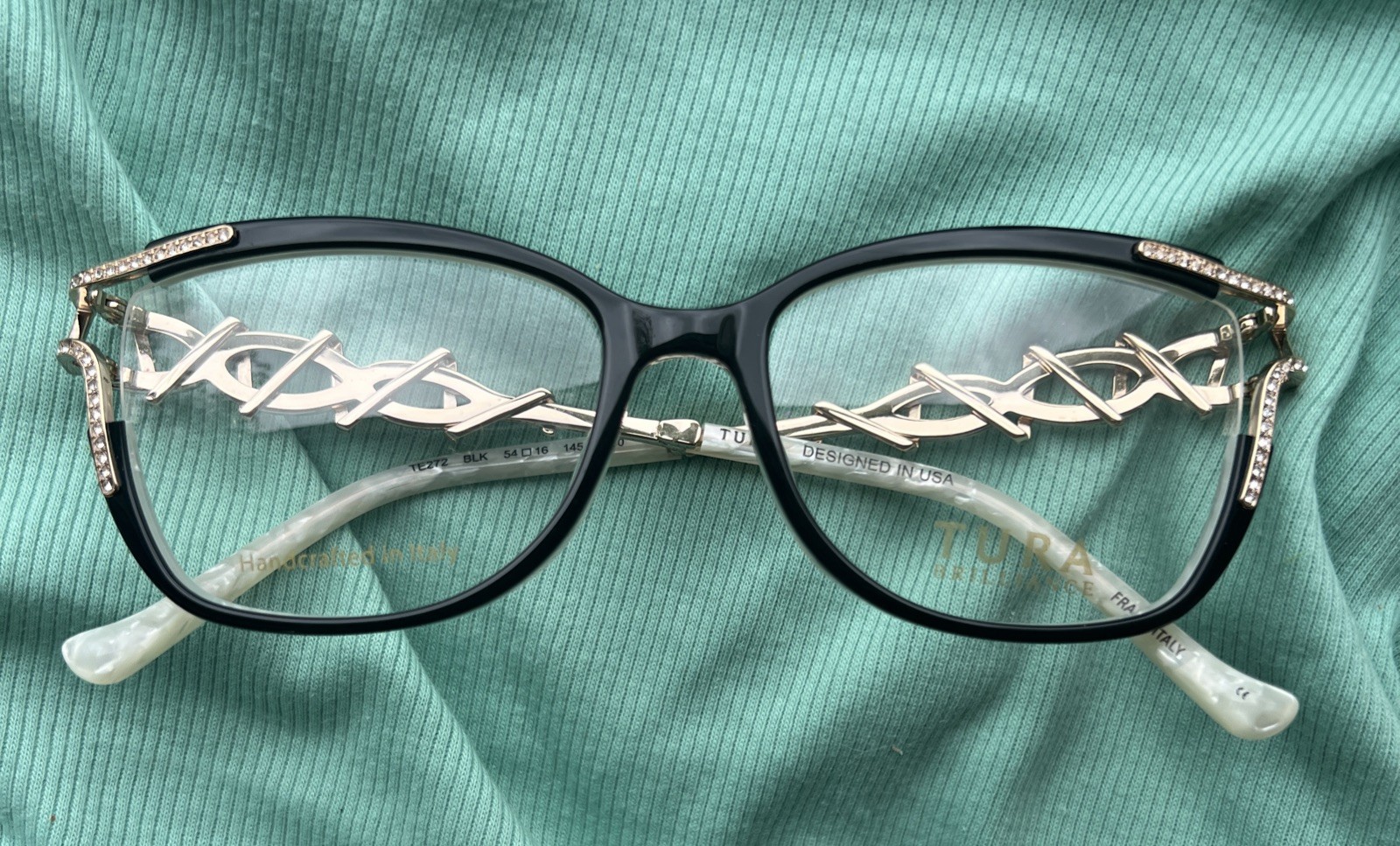 Tura Brilliance Eyeglasses Frames TE272 BLK Black Ivory Gold Crystals 54-16-145