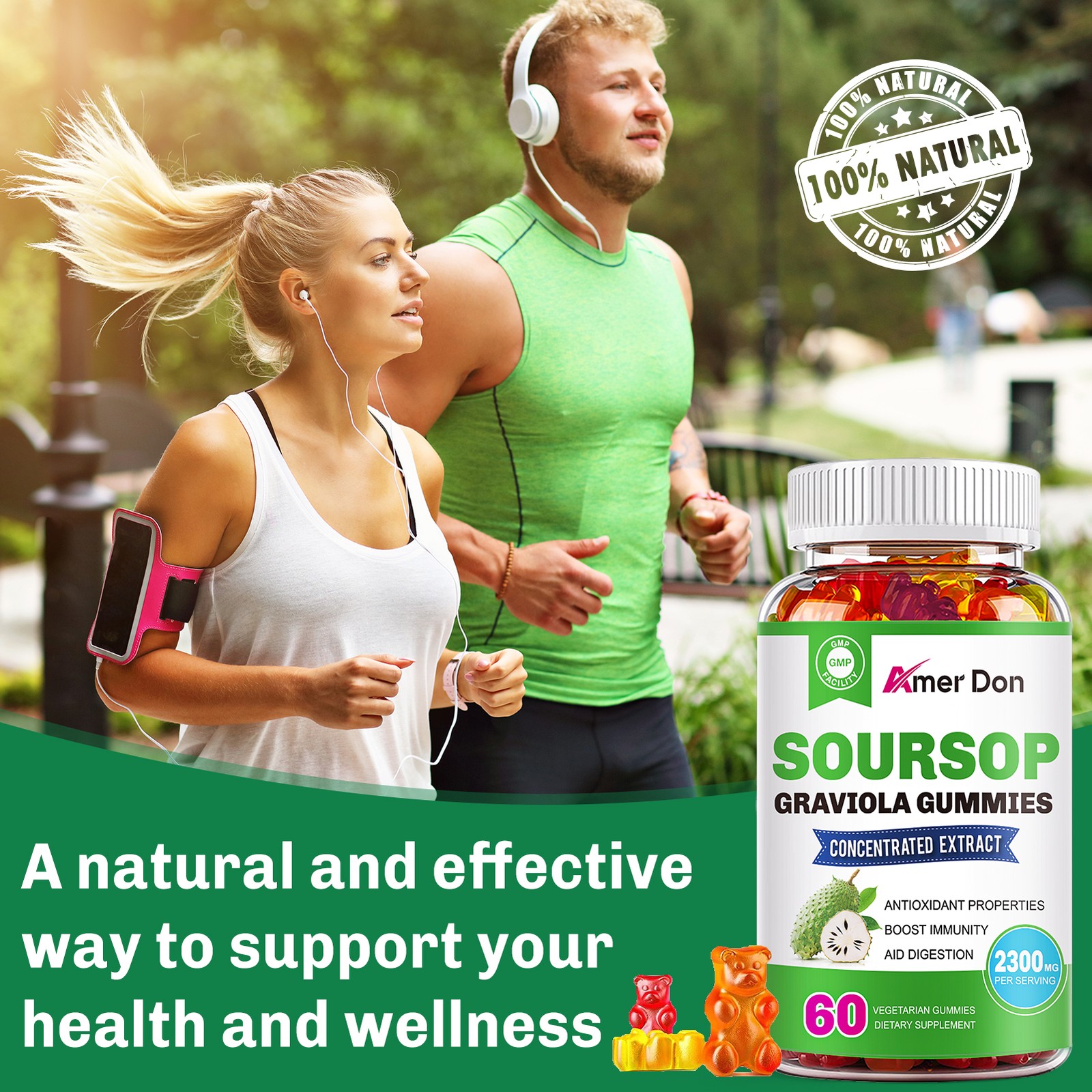 Organic Soursop Graviola 60 Gummies Leaves & Seeds Extract 2300mg Immune Support