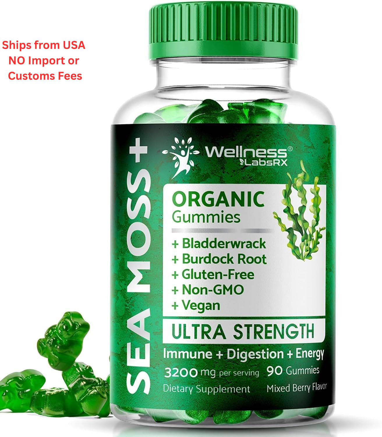WELLNESS LABSRX Sea Moss Gummies, 3200mg Irish 90 Count (Pack of 1)