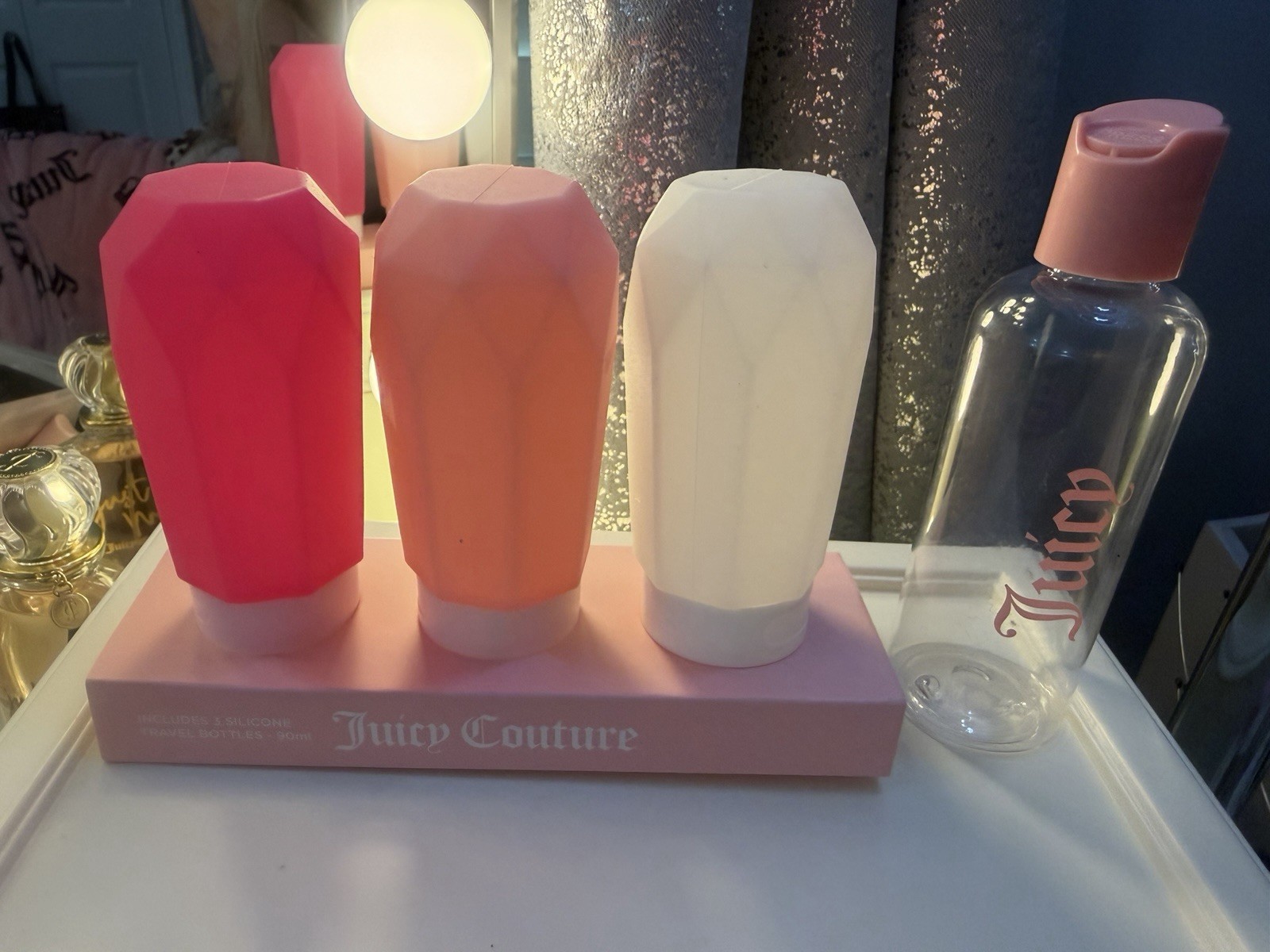 Juicy Couture Women’s Travel Bottle Set on Tray, Travel Size, Pink/Orange/White