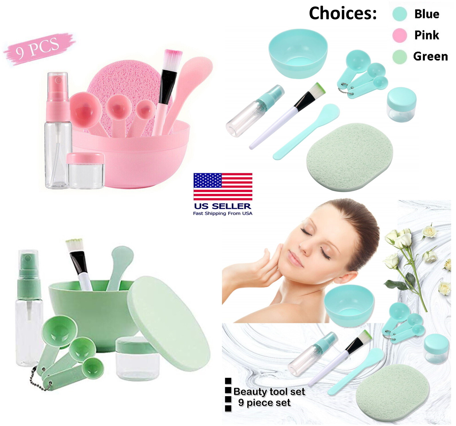 9 in 1 DIY Mask Facial Set Tool Kit Face Mask Mixing Bowl Brush Spoons Stick