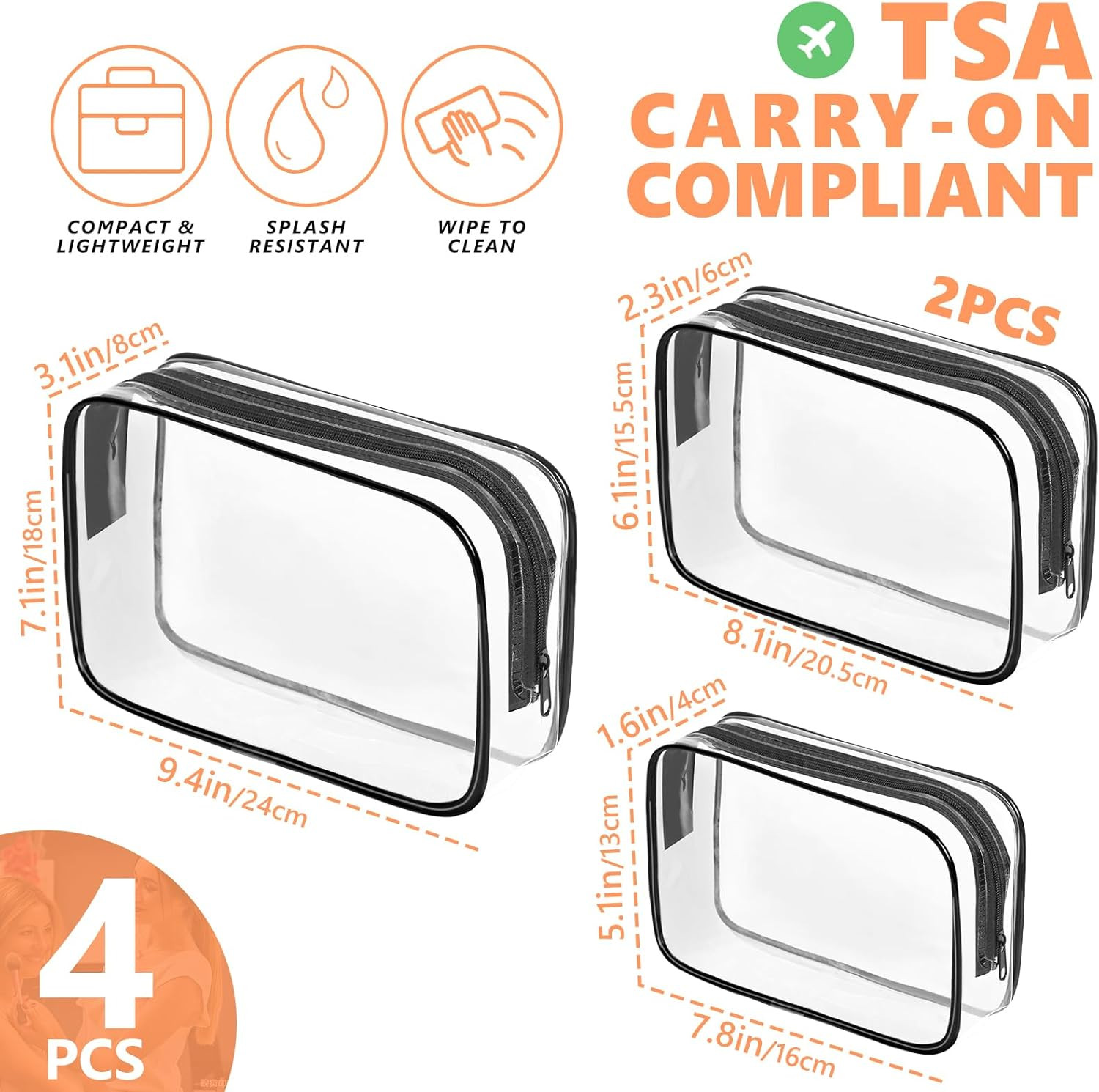AURUZA Clear Makeup Bag,Portable Travel Toiletry Bags with Zipper, TSA Approved