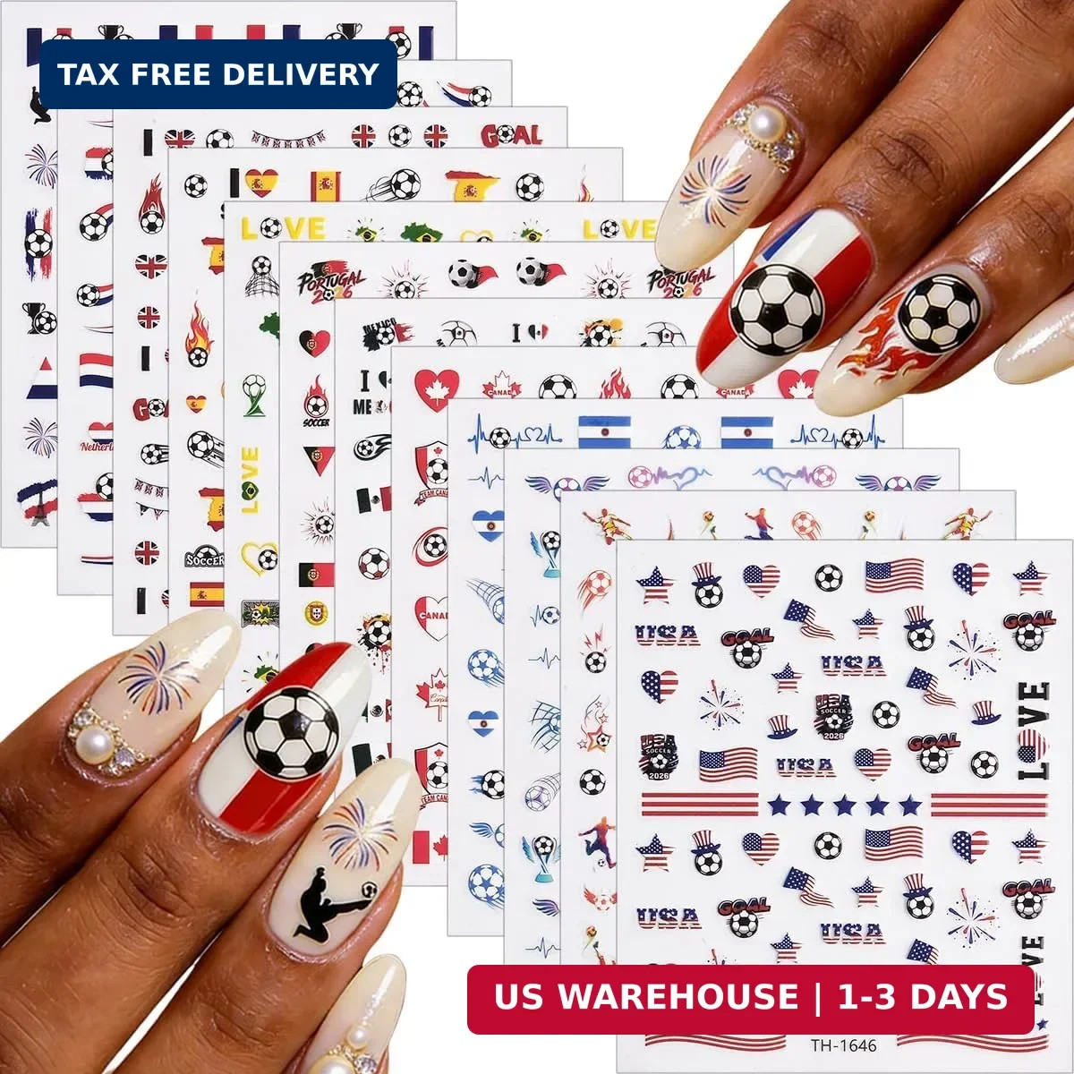 Soccer Game Day Nail Stickers 12 Sheets – Multi-Country Team Colors & Flag Desig