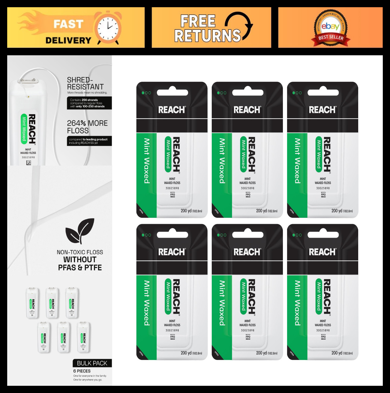 Waxed Dental Floss Mint – Shred Resistant, Deep Cleaning, Easy to Use, 6 Pack, 2