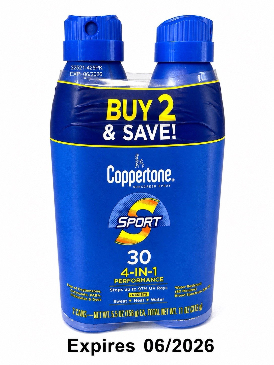 Coppertone Sport 4-In-1 Performance Sunscreen Spray SPF 30 2 Pack Exp in PICS