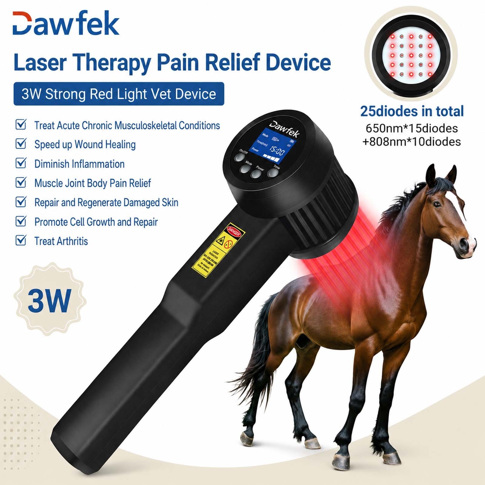 3W LLLT Red Light Laser Device 4 Power Levels 650/808nm Horse Neck Back Injury