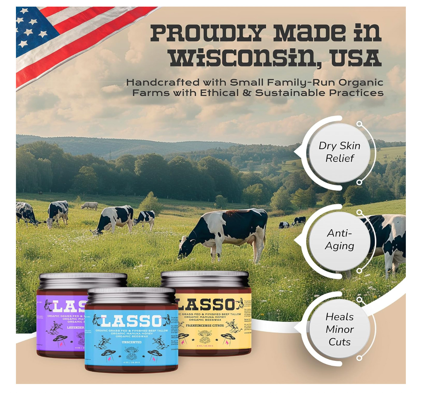 Lasso Organic Grass Fed Tallow Honey Balm Moisturizer -New Sealed 4 Oz -Lavender