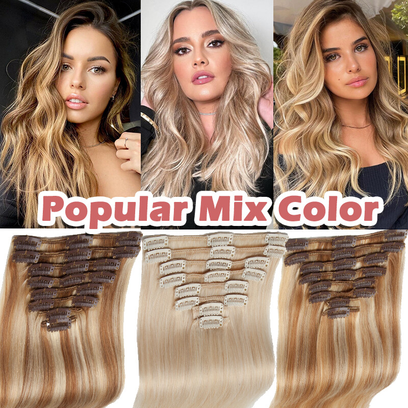 Double Weft Clip In Real Human Hair Extensions 100% Real Thick 10″-24″ Full Head