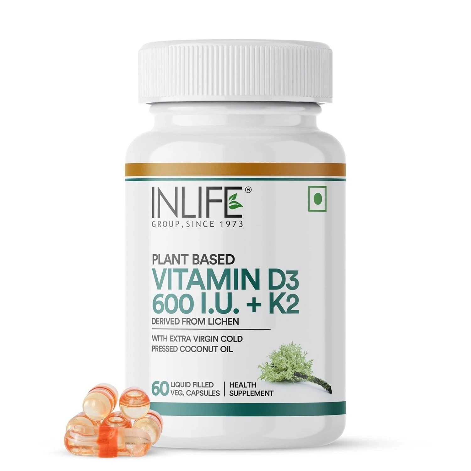INLIFE Plant Based Vitamin D3 K2 Supplement from Lichen Source 60N