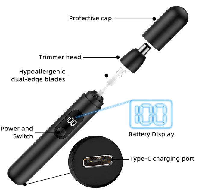 USB-C Rechargeable Nose & Ear Hair Trimmer LED Display Dual Edge Blades Black