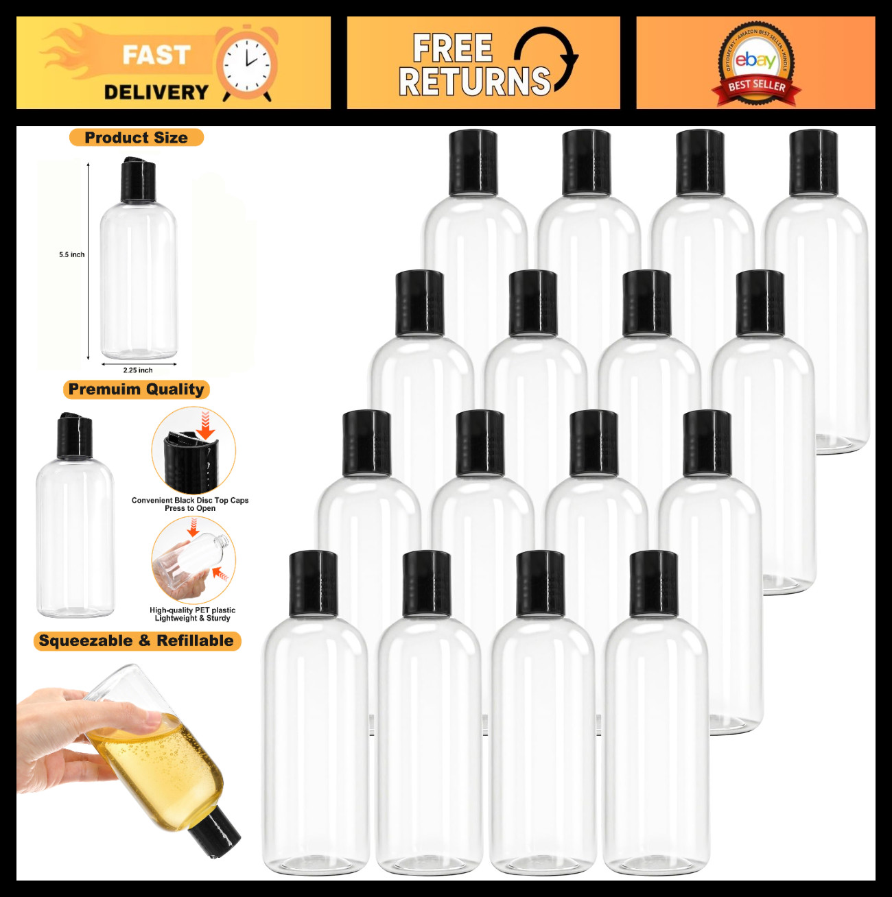 16 Pack 8oz Clear Plastic Bottles with Disc Top Caps – Refillable Travel Contain