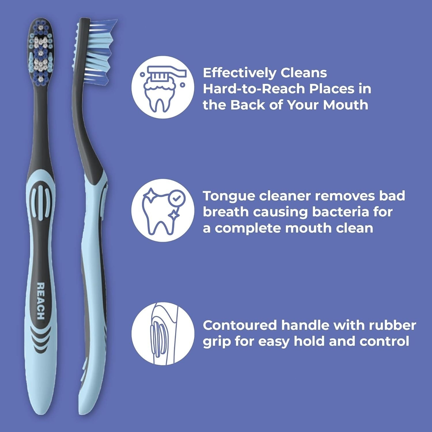Reach Medium Toothbrush 6 Count, Multi-Angled, Tongue Scraper, Covers
