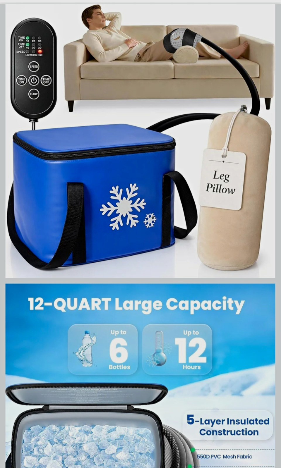Cold Therapy System for Pain Relief w/ Knee Wrap & Leg Pillow, Reusable, Blue