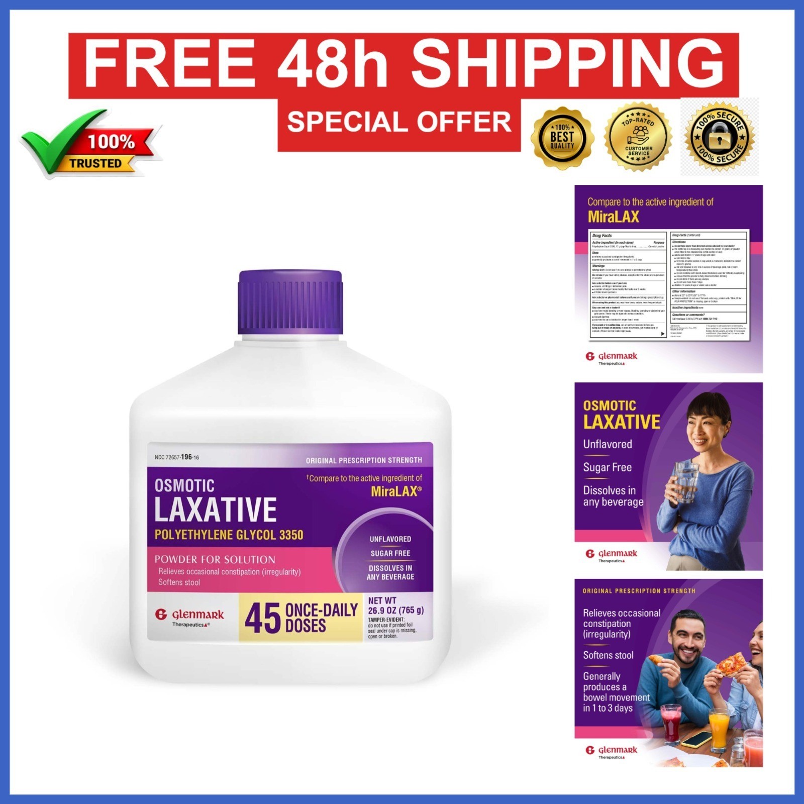 Glenmark Polyethylene Glycol 3350 Powder – 26.9 Oz Laxative