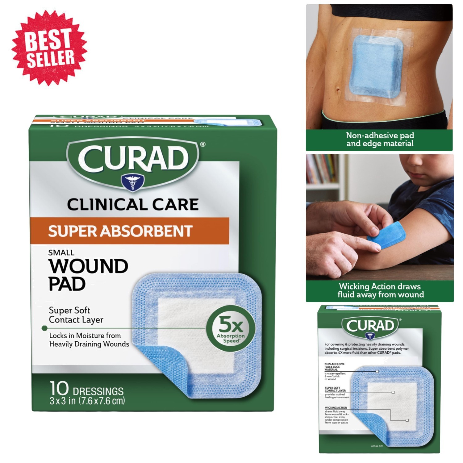 Rapid Absorption Wound Dressing Pads, 10 Count 3″ x 3″ for Post-Surgery Recovery