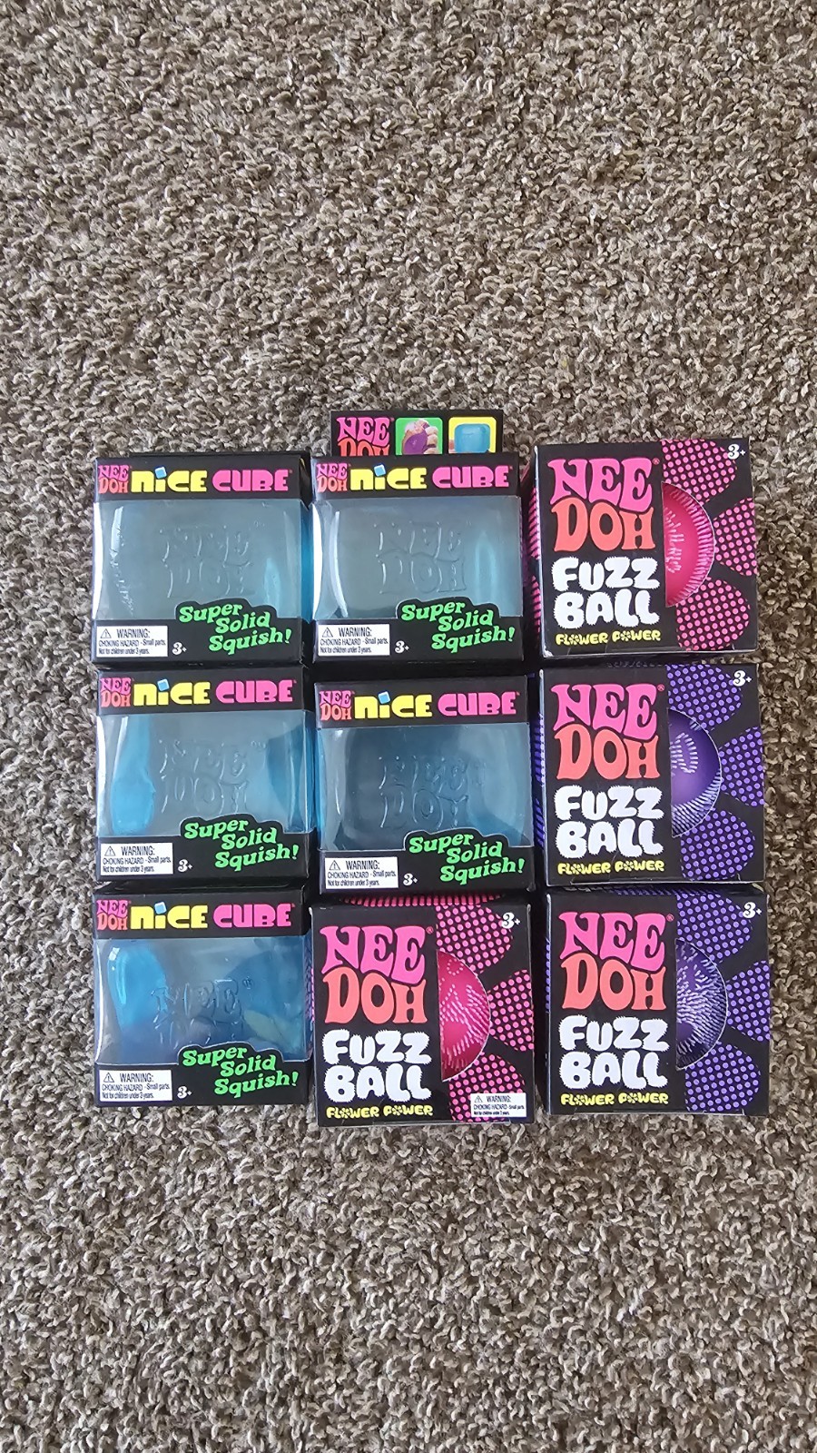 5 Blue Nee Doh Nice Cube + 3 Fuzz Ball Flower Power(2 Pink 2 Purple)