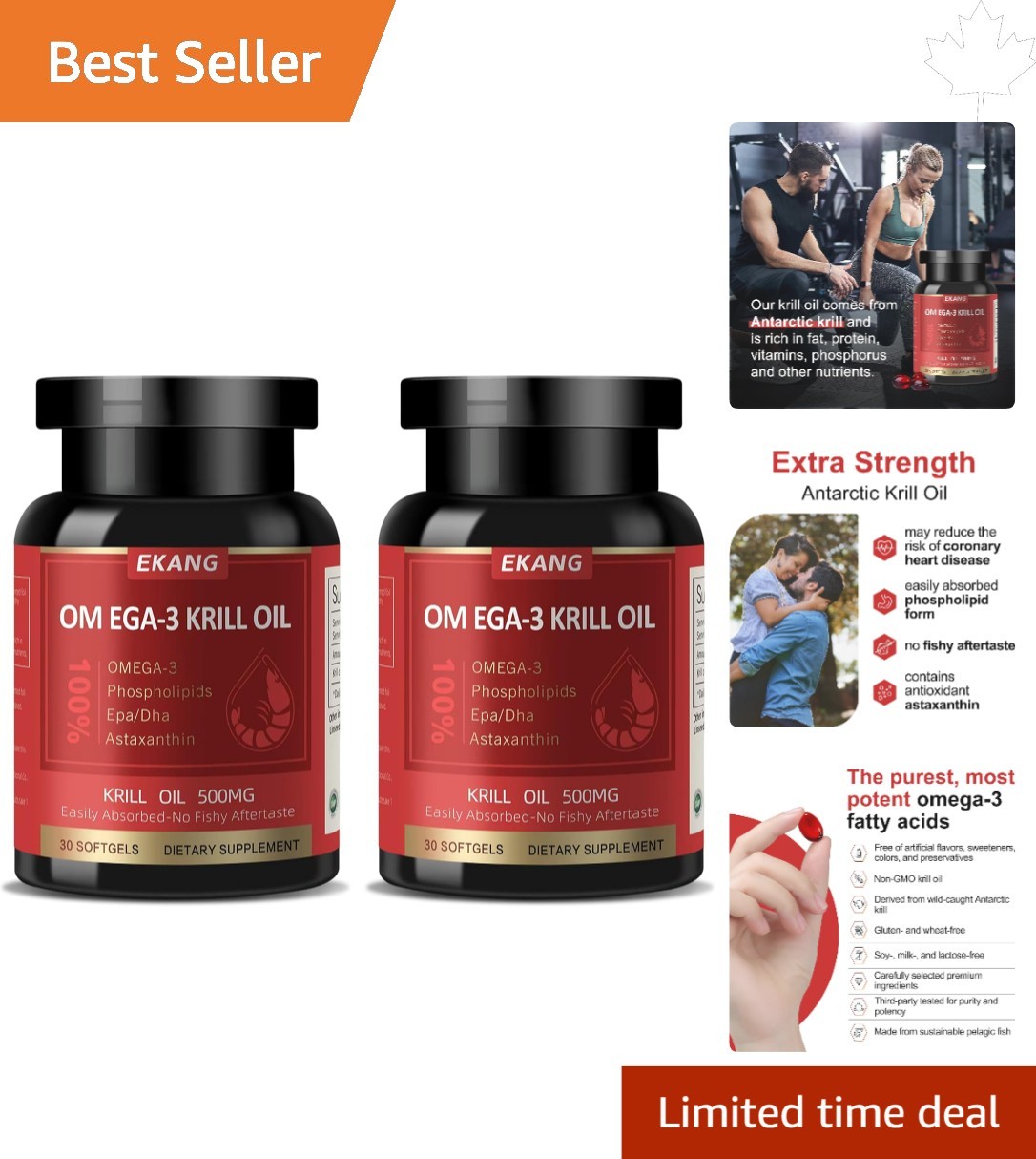 Omega 3 Krill Oil – 500 mg, Non-GMO, Gluten-Free, 60 Softgel Capsules