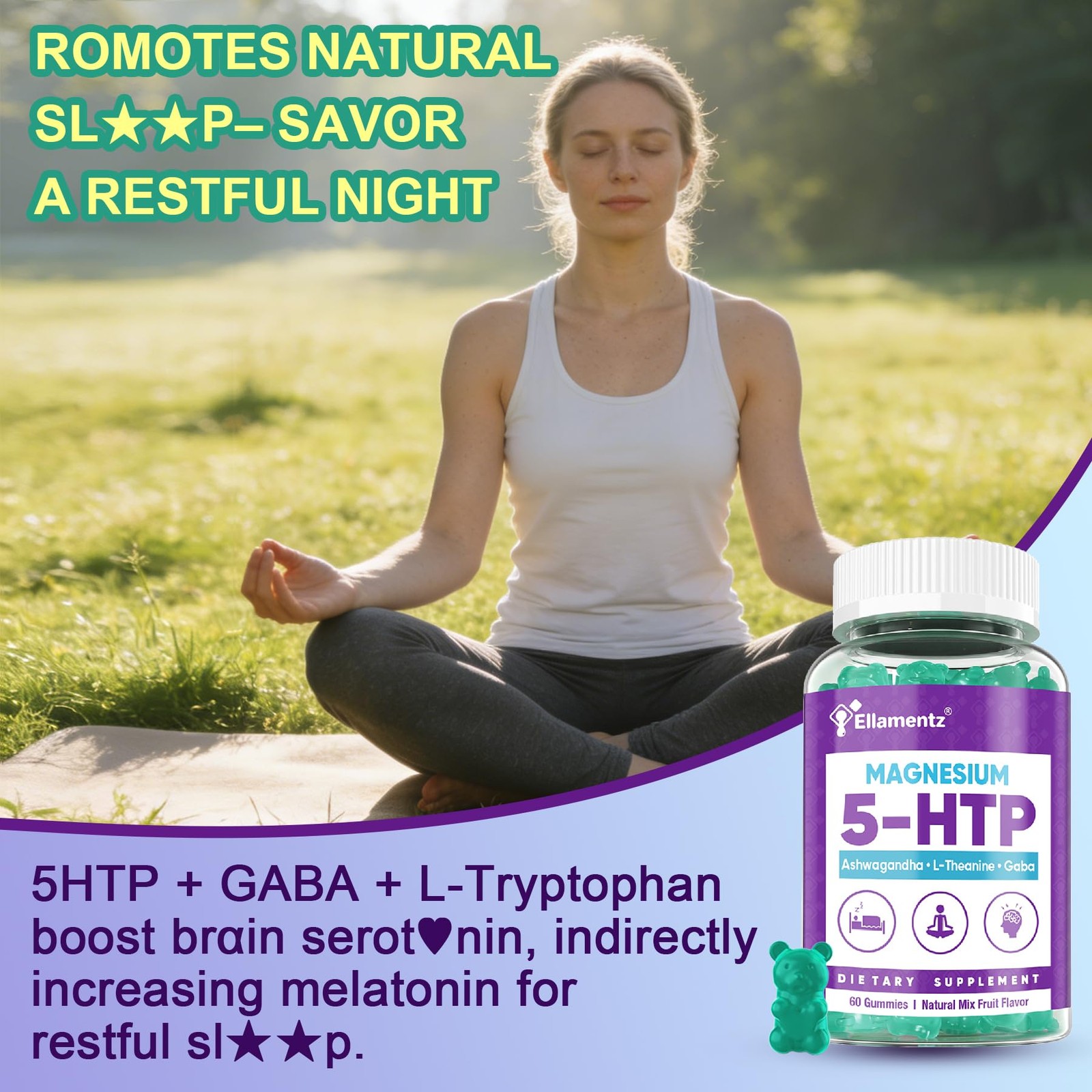 5HTP Gummies + GABA – Melatonin Free -Magnesium Glycinate, Ashwagandha, L-The…